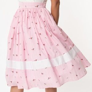 Unique Vintage Pink Stripe and Floral Full Skirt